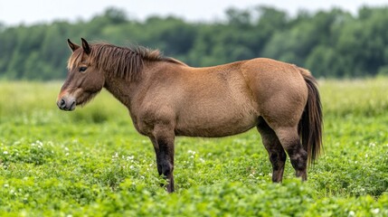 Fototapeta premium Brown horse in a grassy field