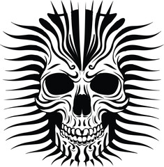 A black and white skull with radiating lines illustration