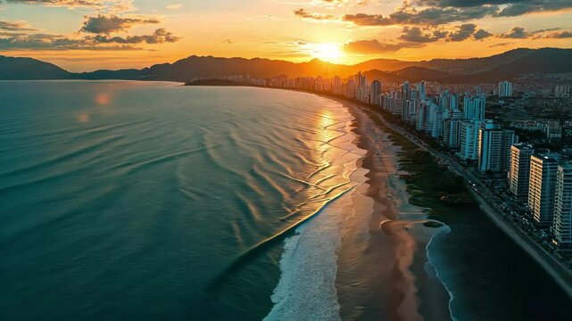 Stunning aerial view of Balneario Camboriu coastline during sunset in Santa Catarina, Brazil, Aerial of Balne&Atilde;&iexcl;rio Cambori&Atilde;&ordm;, Santa Catarina, Brazil at sunset
