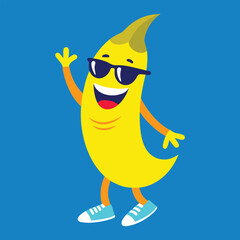 Cartoon banana character wearing sunglasses and sneakers