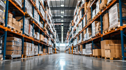 Logistics company warehouse with boxes, interior view warehouse activity background