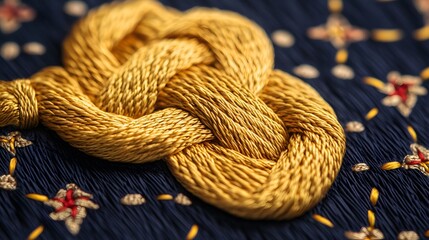 Close-up of a gold thread knot on dark fabric.