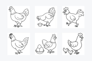 Various chicken illustrations in black and white outline