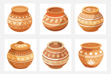 Collection of six decorated clay pots on a white background