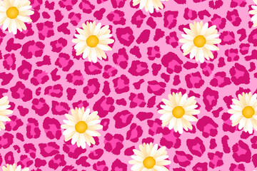 Daisy with pink leopard print seamless pattern for background fabric wallpaper banner 