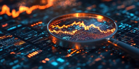 Magnifying Glass on Data Charts Analyzing Market Trends Financial Investment Research, magnifying glass focused on detailed financial charts data analysis business research market trends