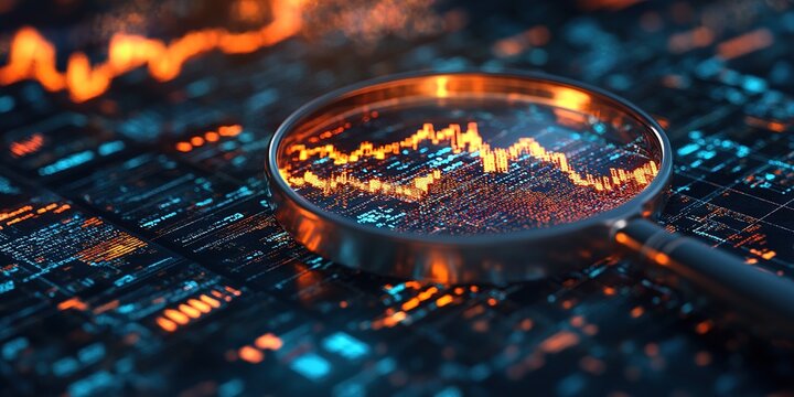 Magnifying Glass on Data Charts Analyzing Market Trends Financial Investment Research, magnifying glass focused on detailed financial charts data analysis business research market trends