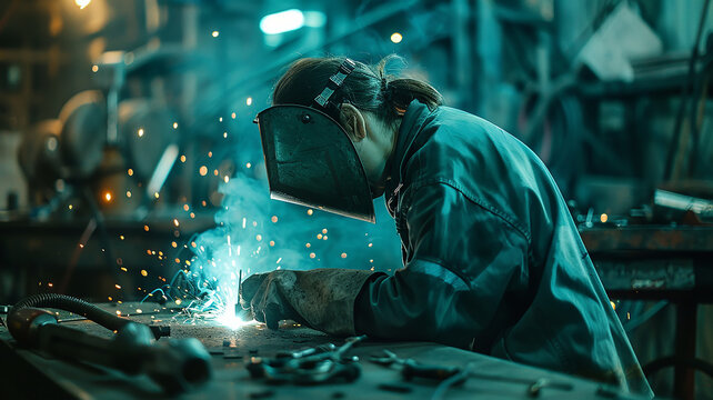 female welder, portrait in a man's job, an unusual strong profession