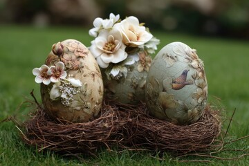 Obraz premium Floral egg designs, rustic setting, open grass front