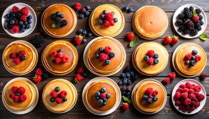 Fototapeta premium Assorted pancakes with vibrant berries arranged on rustic wooden surface, top view