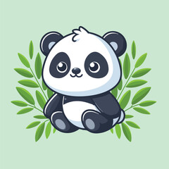 Cartoon panda sitting with green leaves on light green back