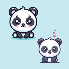 Two cartoon pandas sitting on a light blue background art