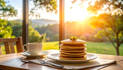 Morning table setting with fluffy pancake piles, warm sun rays and utensils