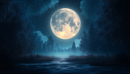 Luminous Full Moon Over Misty Lake with Dark Trees and Swirling Clouds in a Tranquil Night Scene

