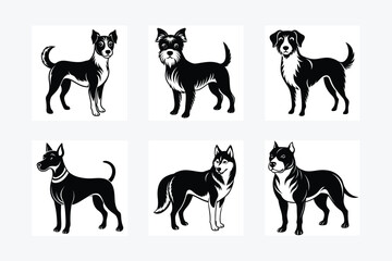 Collection of six different dog breeds in black and white
