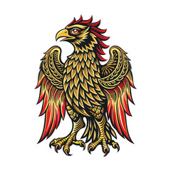 Ornate golden eagle with red accents on a white background