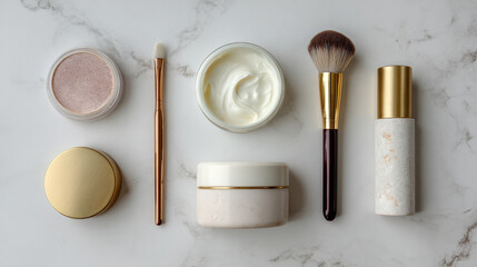 Clean flat lay of beauty tools and cream containers showcases variety of makeup and skincare products, emphasizing elegance and simplicity in design. arrangement highlights luxurious feel of items