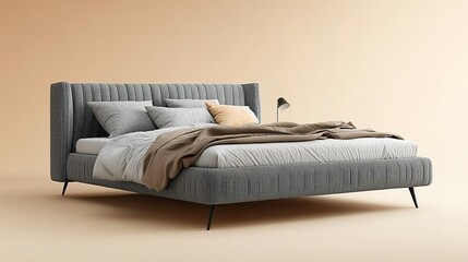 Fototapeta premium A modern, upholstered gray bed with a high headboard, neatly made with neutral-toned pillows and blankets, set against a beige background.