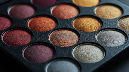 Naklejka premium Dramatic flat lay of eyeshadow palette featuring variety of rich, vibrant colors including reds, golds, and silvers, perfect for creating stunning makeup looks