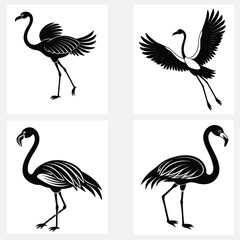 Four flamingo illustrations in black and white vector art