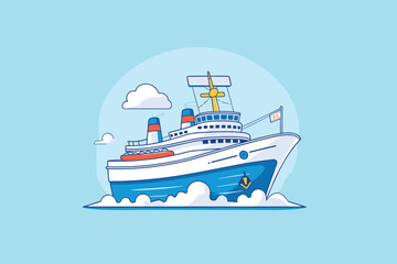 An attractive vector illustration of a cruise ship navigating calm waters under a clear blue sky. The image showcases the ship's lively colors and streamlined design, evoking thoughts of marine travel