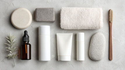Naklejka premium Minimalist flat lay image of beauty routine items including skincare products, towel, and natural elements, creating serene and clean aesthetic