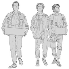 Mob Or Extras Vector illustration of three men standing each holding a cardboard box filled, For material Webtoon Or Comic