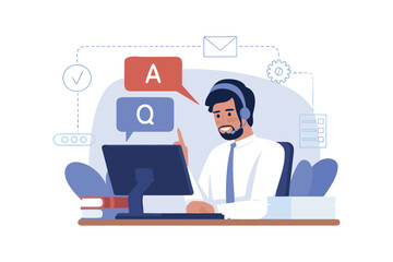 Illustration of a customer service representative wearing a headset, working at a desk with a computer, surrounded by abstract communication and technology elements, highlighting professional support 