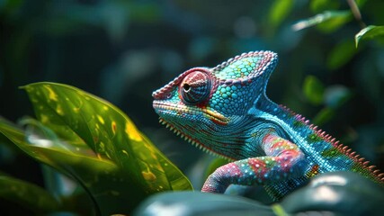 Colorful chameleon reptile animal nature, perched tropical green leaf, showcasing camouflage and wildlife exotic rainforest habitat with vibrant scales, unique patterns, and detailed skin blending - Powered by Adobe