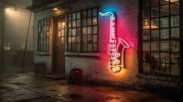 Neon Saxophone Sign on Building Exterior with a Grungy Urban Ambience Atmosphere