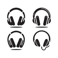 Four black headphone icons in a square graphic arrangement