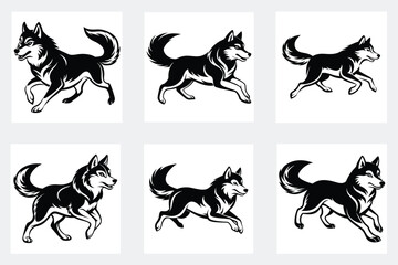 Six black and white husky dogs running in different poses