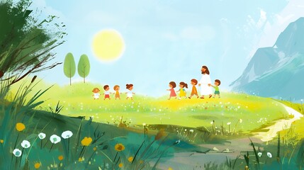 Cartoon Jesus figure walking with children through a grassy field with wildflowers under the sun. Wide scene illustration with copy space.