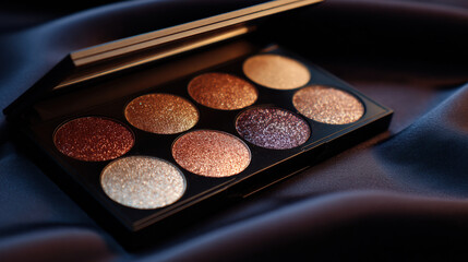 Beautifully arranged eyeshadow palette featuring eight shimmering shades, including glittery highlights warm tones. palette is set against soft, dark fabric background, enhancing its luxurious