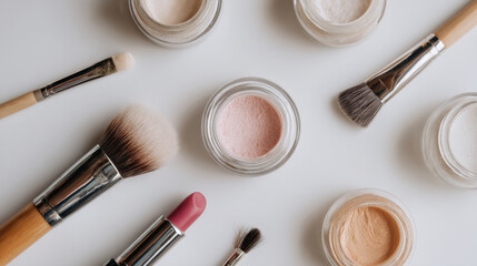 Skincare jars and makeup brushes are arranged in overhead shot, showcasing variety of beauty products. scene conveys sense of elegance and creativity in makeup application