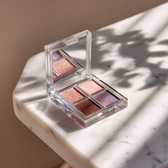 Beautiful eyeshadow palette featuring four vibrant shades, elegantly displayed on polished marble surface. soft lighting creates warm ambiance, enhancing palette colors and textures