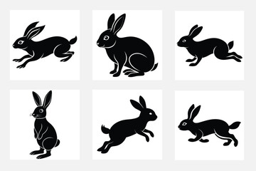 Collection of black rabbit illustrations on white tiles