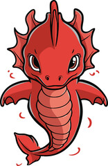 A cartoon red dragon with big eyes on a white background
