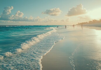 Tranquil beach scene at sunrise.  Soft waves lap at a sandy shore, populated by sunbathers and swimmers.  A pale turquoise ocean meets a pastel-hued sky
