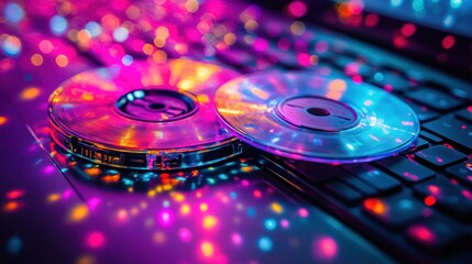 CDs on keyboard, vibrant lights