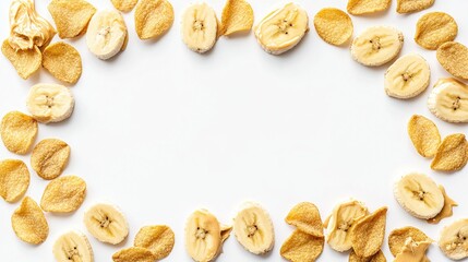 Rectangular frame of granola and banana slices on white background
