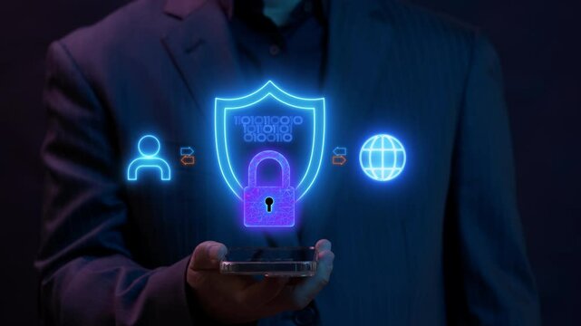Virtual Private Network concept, a service that encrypts your internet traffic and protects your online identity. Cyber security system. Businessman shows data encryption icon on virtual screen.