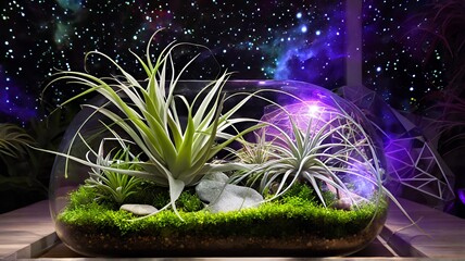 Tillandsia xerographica floating in geometric terrarium with cosmic projection