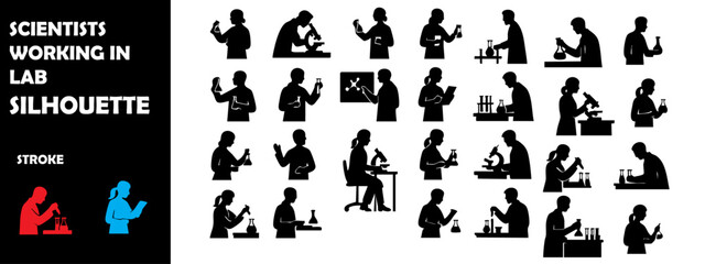 Scientist Working in Laboratory Silhouette Vector Set – Research and Experimentation Scenes