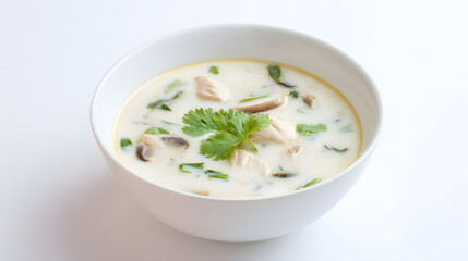 Creamy and Rich Soup with Fresh Herbs and Chicken in a White Bowl Against a Plain Background