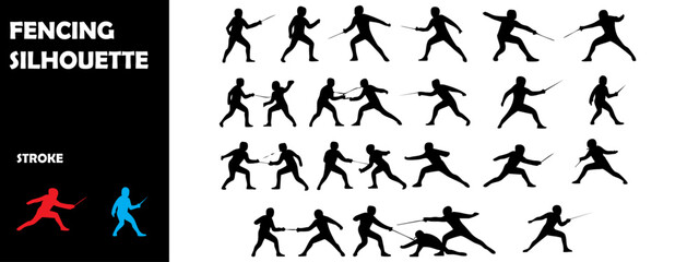 Naklejka premium Fencing Silhouette Vector Set – Sword Fighting and Olympic Sport Scenes