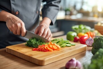Chef Slicing Fresh Vegetables on a Wooden Cutting Board in a Kitchen