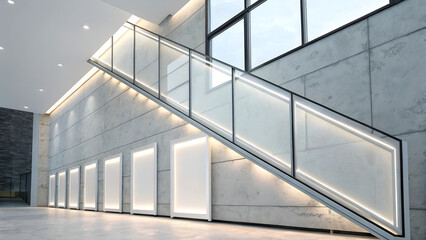 Fototapeta premium Rectangular semi-transparent glass floating panels with subtle inner glow arranged diagonally in cascading modern style over soft gray-white background for commercial use