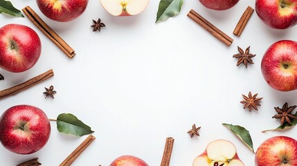 Apples, cinnamon sticks, and star anise arranged in a circle on a white background