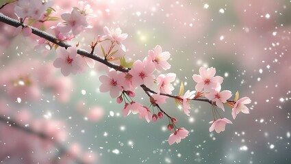 Obraz premium Delicate pink cherry blossoms dance in a soft snowfall
